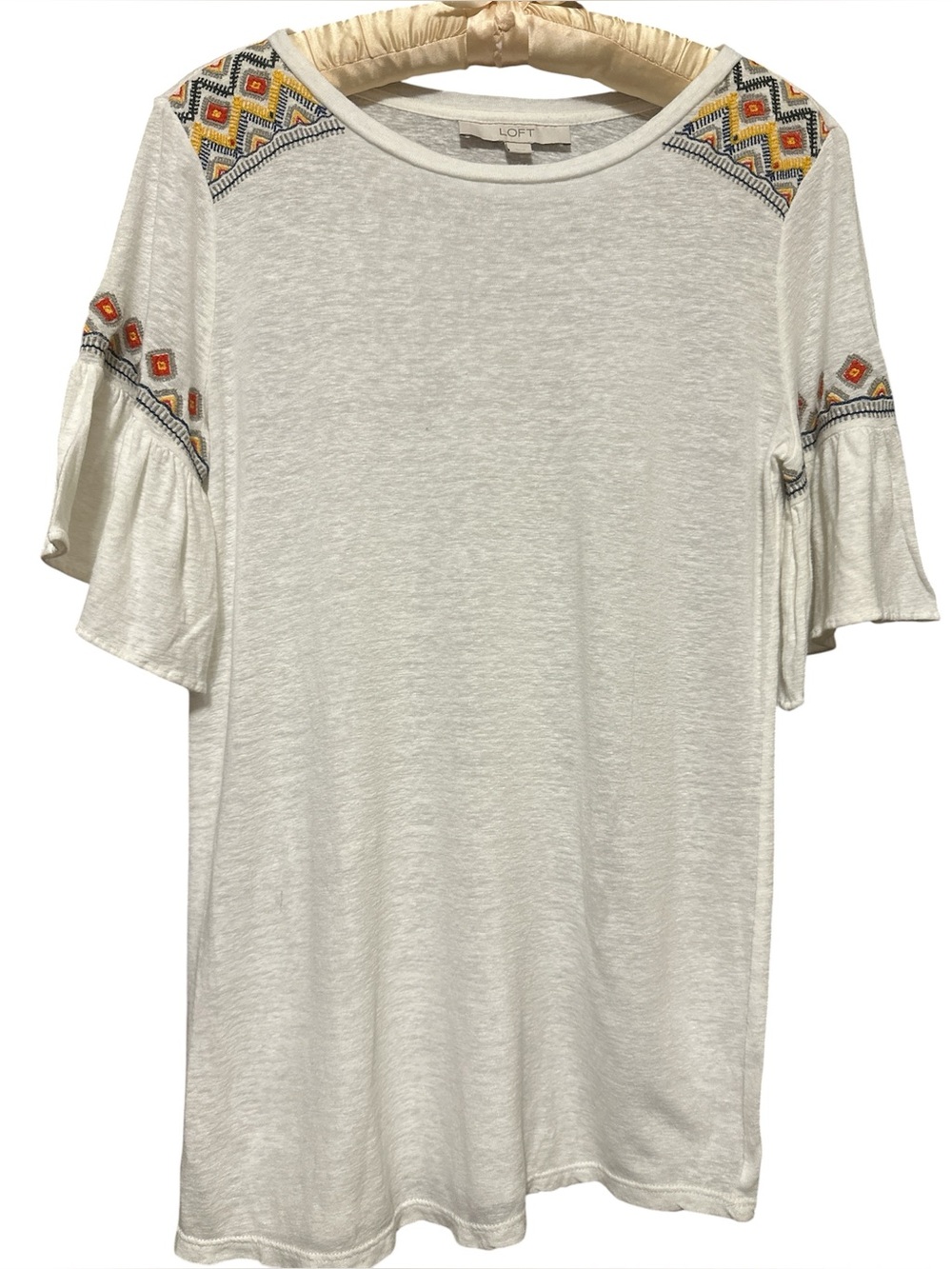 LOFT White Embroidered Flutter Sleeve Tee SZ xs